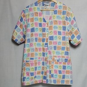 Landau Multicolor Cartoon Monkey Print Scrub Top